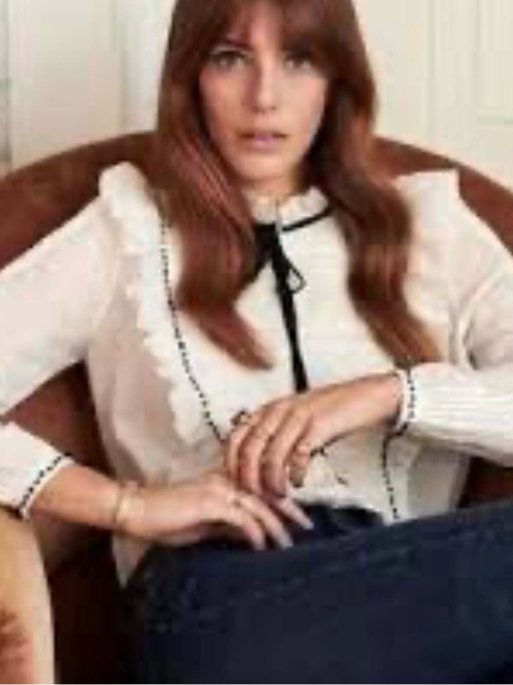 SEZANE "Valentine" Ruffle Blouse black and ivory size 8 medium - Picture 3 of 13